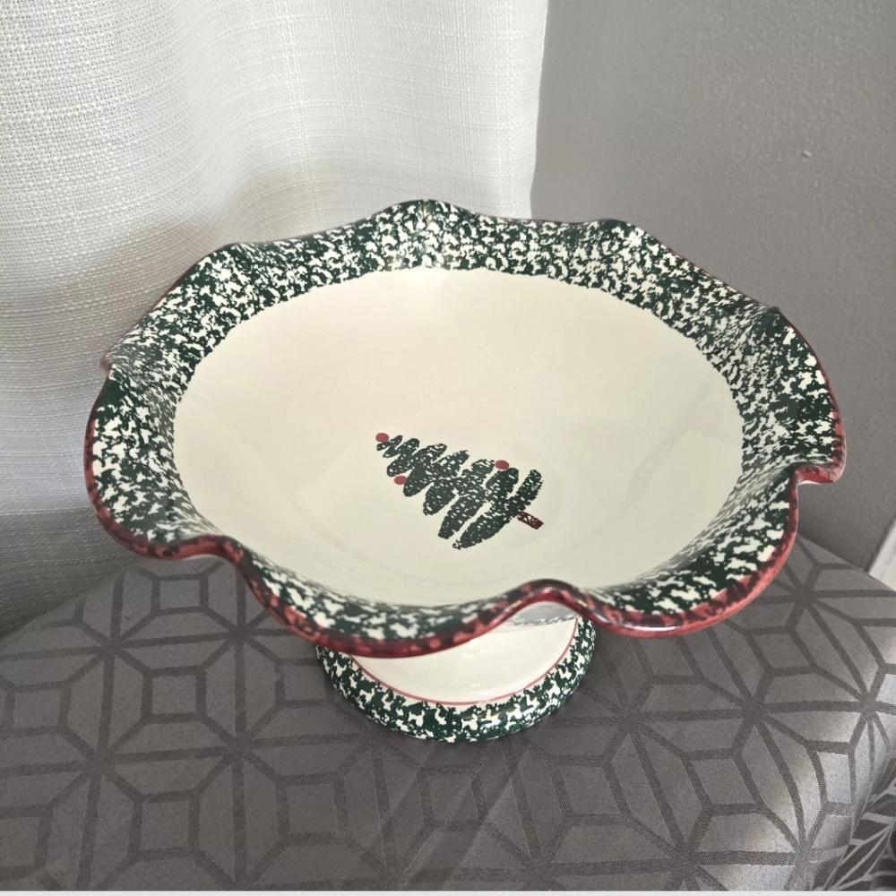 Furio Christmas Tree Compote Bowl Pedestal Ruffle Edge Centerpiece 1997 Italy